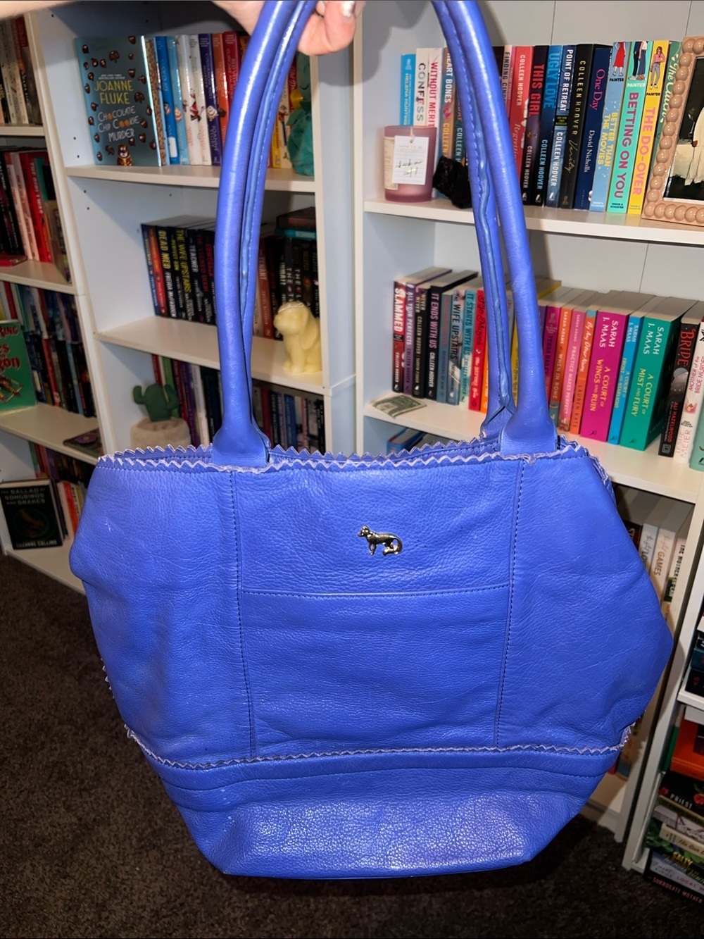 Leather tote bag, Emma Fox, purple design with decorative strap